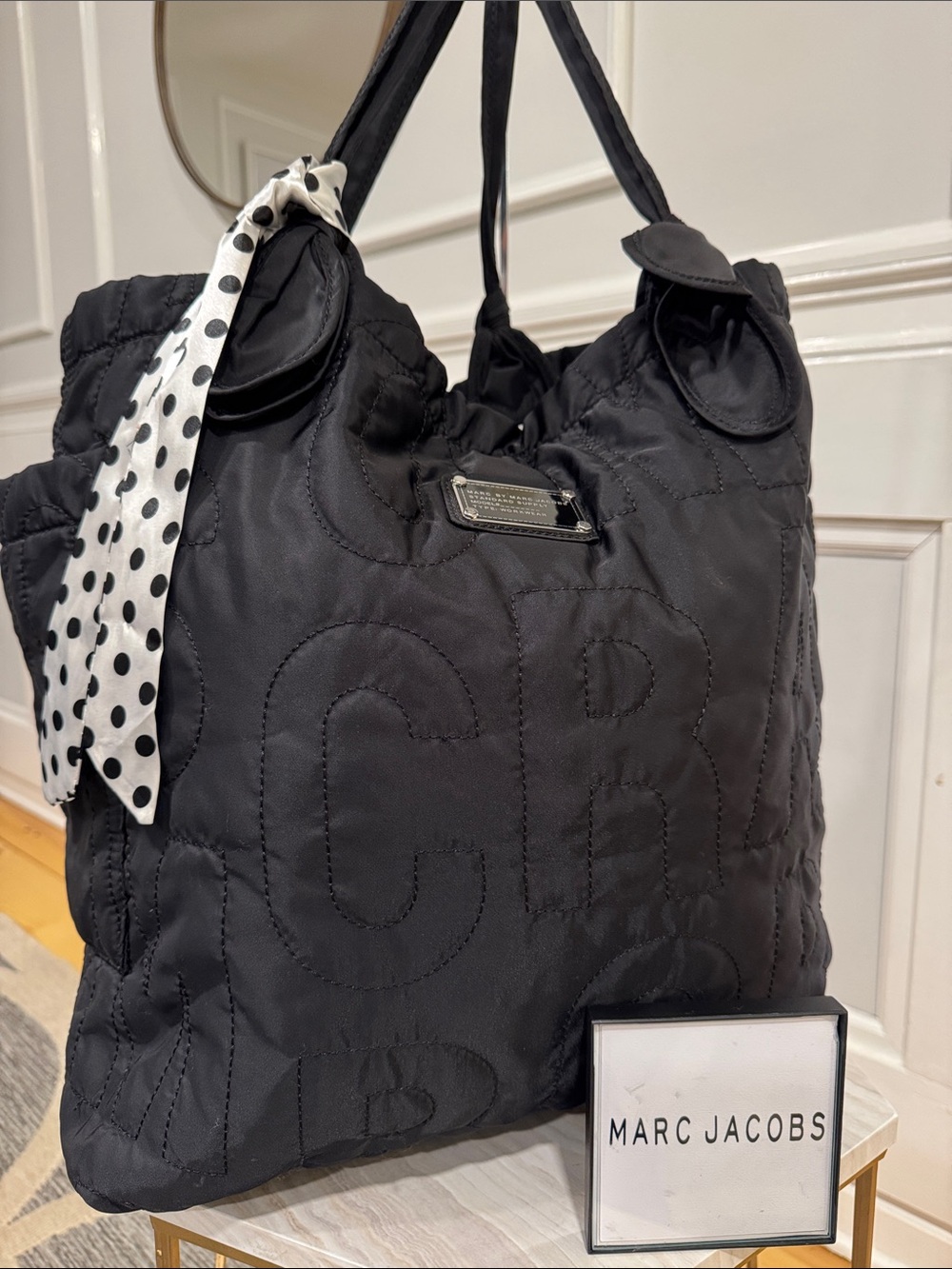 Marc Jacobs Bag Oversized Pretty Nylon Tate Embroidered Logo Black Quilted Tote - Picture 1 of 17